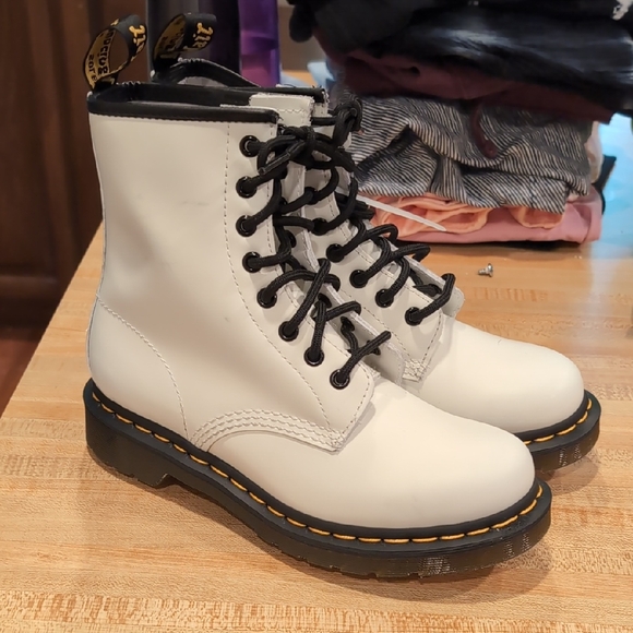 Dr. Martens Shoes - Dr. Martens Black and White Combat Boots with Yellow Stitching